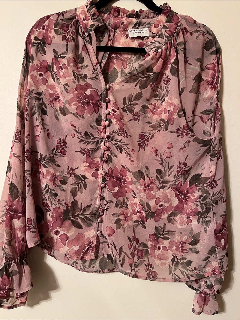 Dress Forum Mauve Pink Floral Ruffle-Neck Blouse
